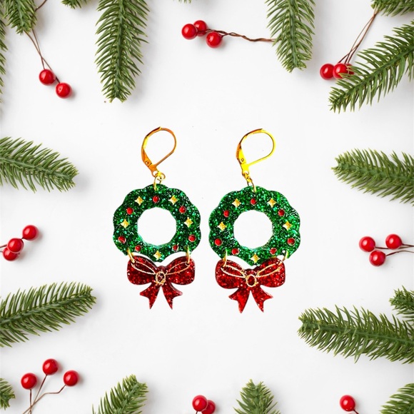 Christmas Wreath Earrings Festive Hol jewelry - Picture 4 of 8